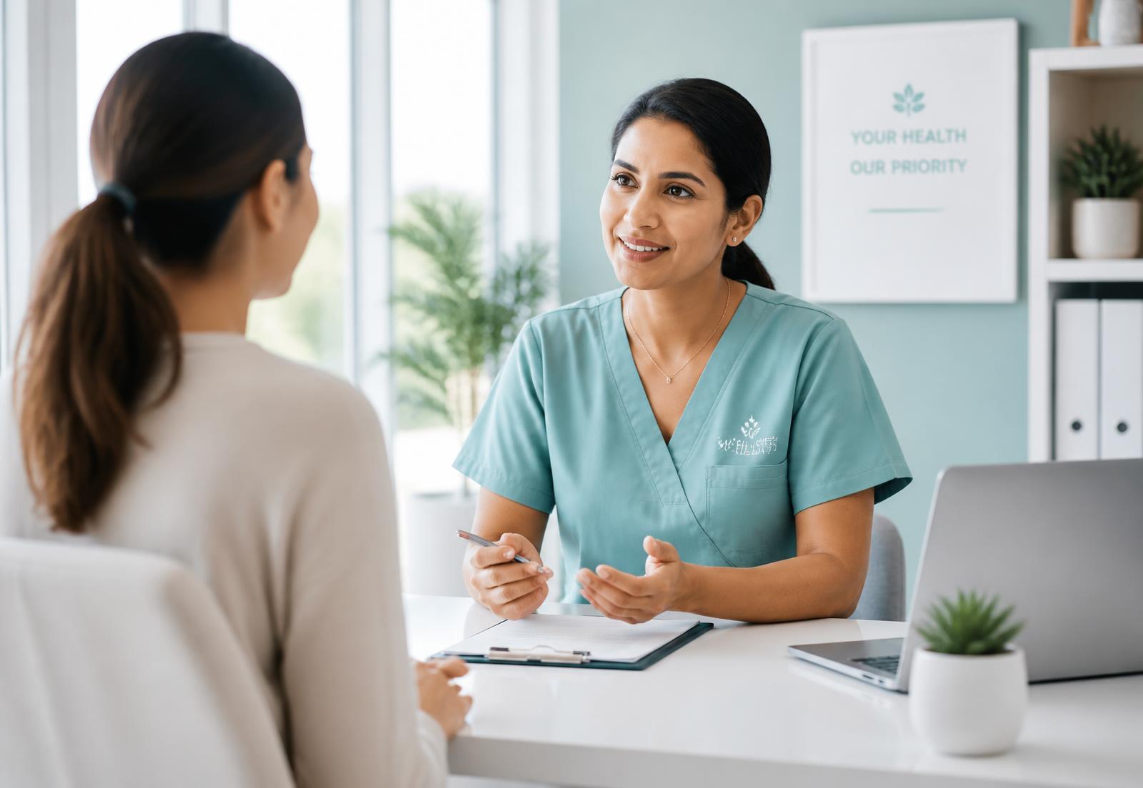 Health consultant discussing a care plan with a client at a bright clinic desk